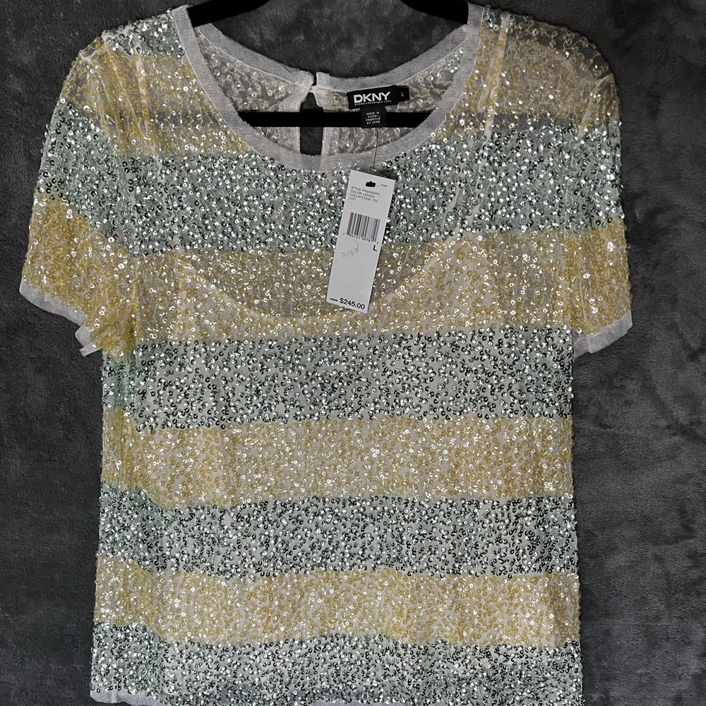 DKNY Women's Short Sleeve Sequin Top - Silver, Gold, Green